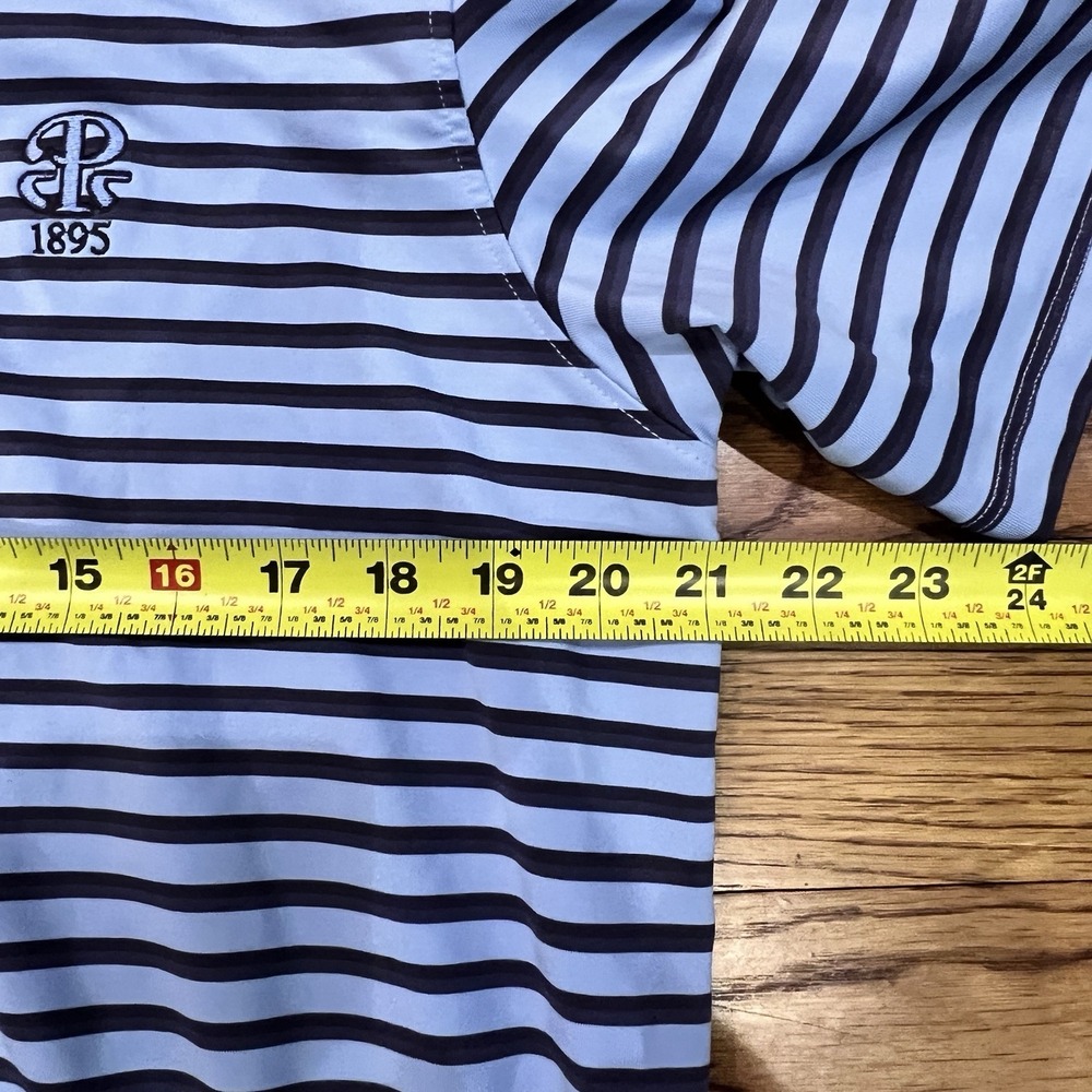 Greyson‎ Polo Shirt Mens Medium Blue Stripe Golf Performance Wolf Logo - Picture 9 of 10